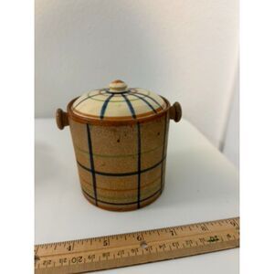 Vtg. Studio Stoneware lidded canister with plaid motif